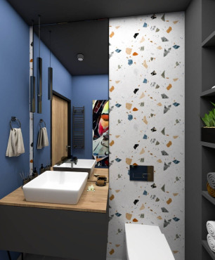 Projekt nowoczesnej łazienki z granatowymi ścianami