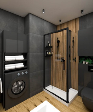 Aranżacja łazienki w stylu loft w czarno-drewnianych kolorach