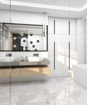Aranżacja łazienki z biało-czarnym wzorem heksagonalnym na ścianie