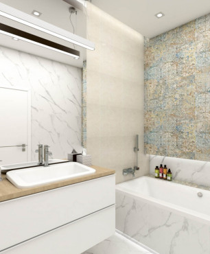 Projekt łazienki z płytkami na ścianie w kolorze ziemi