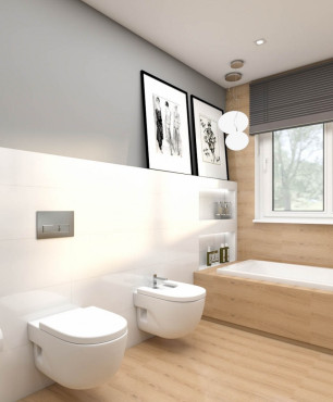 Łazienka z drewnianymi płytkami na podłodze i na ścianie