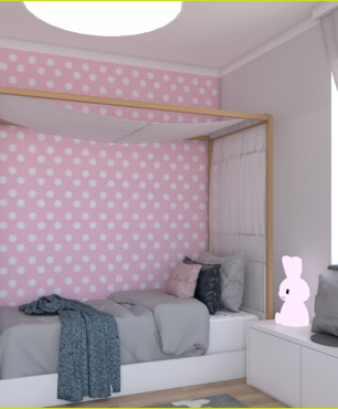 Pokój dziecięcy z różową tapetą w groszki