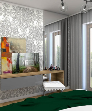 Sypialnia ze wzorzystą tapetą na ścianie i toaletką zamontowaną do ściany
