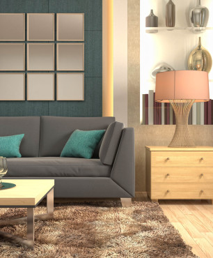 Salon z zieloną sofą i brązowym dywanem