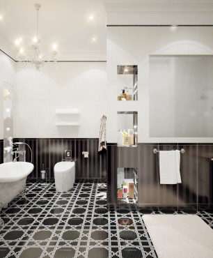 Łazienka czarno-biała ze stylowymi meblami