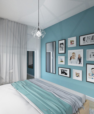 Sypialnia z turkusowymi ścianami