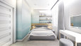 Sypialnia z szarym, tapicerowanym, pikowanym zagłówkiem