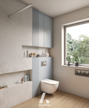 Łazienka z oknem i imitacją betonu na ścianie