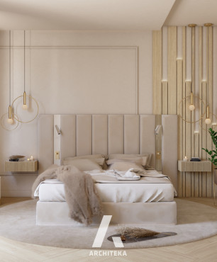 Sypialnia z łóżkiem kontynentalnym oraz beżowym, dużym, okrągłym dywanem