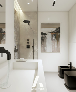 Łazienka z białymi ścianami oraz czarną muszlą wiszącą
