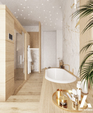 Łazienka z sauną i z białym zlewem podblatowym