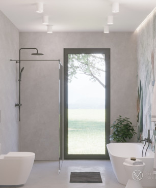 Łazienka z dużym oknem prostokątnym oraz z prysznicem