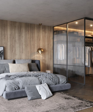 Sypialnia z drewnem i gresem na ścianie