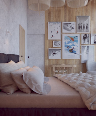 Klimatyczna sypialnia z drewnem na ścianie