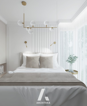 Sypialnia w stylu klasycznym z modną lampą wiszącą