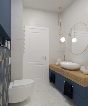 Nowoczesna łazienka z drewnem i kolorem niebieskim