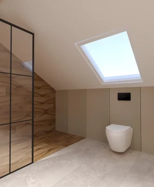 Duża łazienka na poddaszu z imitacją drewnianych i betonowych płytek