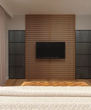 Sypialnia z telewizorem na drewnianej ścianie