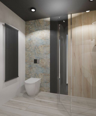 Łazienka w kolorach ziemi z prysznicem oraz srebrnym natryskiem podtynkowym