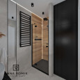 Projekt łazienki z prysznicem z wykorzystaniem drewnianych płytek na ścianie