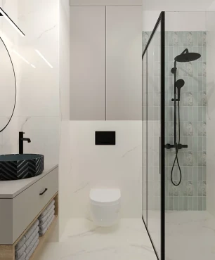 Projekt łazienki z białymi płytkami na podłodze i ścianie