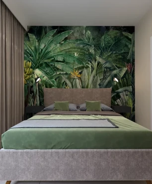 Projekt sypialni z łóżkiem kontynentalnym oraz z tapetą z motywem dżungli na ścianie