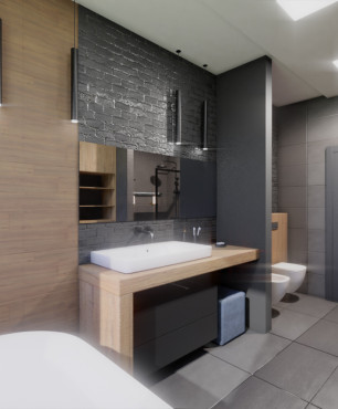 Projekt dużej nowoczesnej łazienki z wanną, prysznicem, bidetem oraz toaletą
