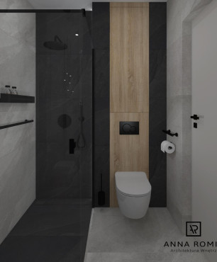 Projekt łazienki z prysznicem oraz z jasnymi i ciemnymi płytkami w kolorze szarym