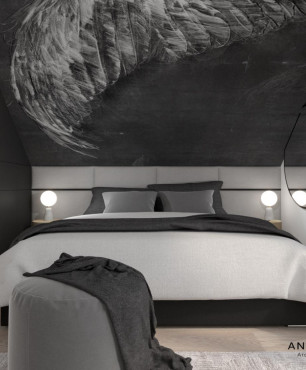 Projekt sypialni z tapicerowanym, szarym łóżkiem kontynentalnym