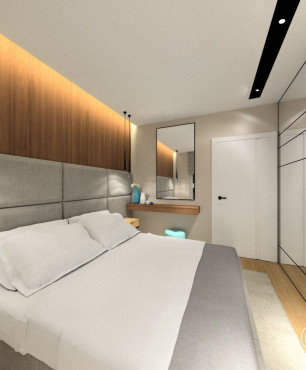 Projekt sypialni z drewnianą szafką montowaną nad łóżkiem kontynentalnym