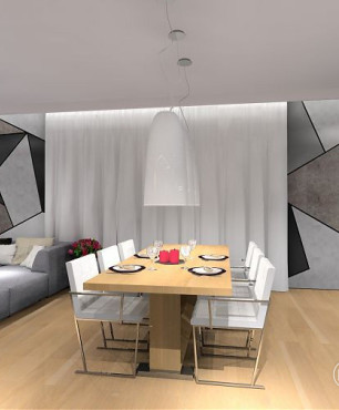 Salon z jadalnią oraz wzorem geometrycznym w szarościach na ścianie
