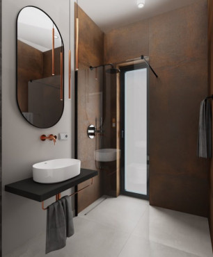 Projekt nowoczesnej łazienki z owalnym zlewem nablatowym i lustrem eliptycznym