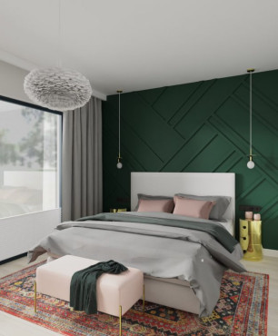 Sypialnia z zieloną ścianą za łóżkiem kontynentalnym