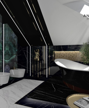Łazienka w stylu glamour z złotym stolikiem, czarną wanną i  białą toaletą