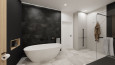 Projekt łazienki z czarnymi ścianami, szarą podłogą oraz wanną i prysznicem