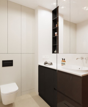 Projekt łazienki z czarną szafką stojąca oraz białą muszlą wiszącą