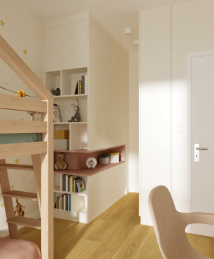 Pokój dziecięcy ze stylowym, drewnianym łóżkiem domek