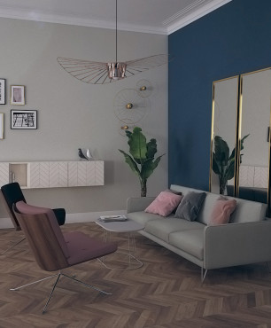 Projekt salonu w stylu nowoczesnym z jedną ścianą w kolorze morskim