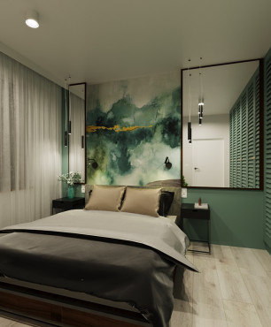 Sypialnia z łóżkiem kontynentalnym oraz z zielonymi ścianami i zieloną szafą ażurową