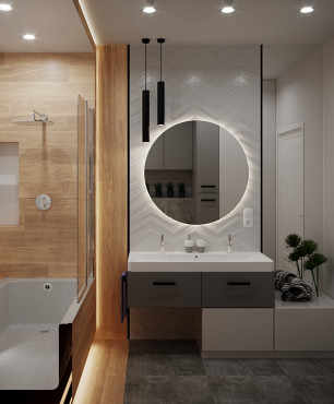 Projekt łazienki z akrylową wanną z funkcją prysznica oraz z białymi płytkami 3d na ścianie