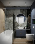 Nowoczesna łazienka z imitacją betonowych płytek na ścianie oraz z wanną w zabudowie