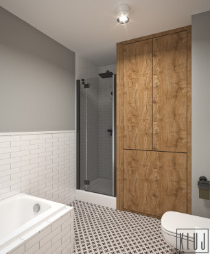 Projekt łazienki z prysznicem oraz z drewnianą szafką w zabudowie do przechowywania