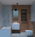 Projekt łazienki z wanną akrylową w zabudowie z imitacją drewnianych płytek