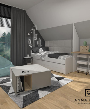 Pokój dla nastolatka na poddaszu z dużym oknem, biurkiem, łóżkiem i workiem sako