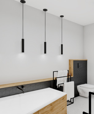 Projekt nowoczesnej łazienki z wiszącymi lampami oraz z wanną