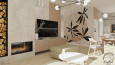 Salon z betonem ozdobnym na ścianie oraz z lamelem drewnianym i miejscem do przechowywania drewna do kominka