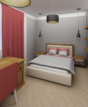 Klasyczna sypialnia z łóżkiem kontynentalnym oraz z biurkiem i półkami mocowanymi do ściany