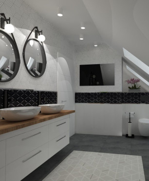 Duża łazienka na poddaszu z białymi płytkami na ścianie i szarymi na podłodze