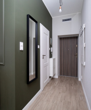 Przedpokój z prostokątnym lustrem w czarnej ramie zamontowanym do zielonej ściany