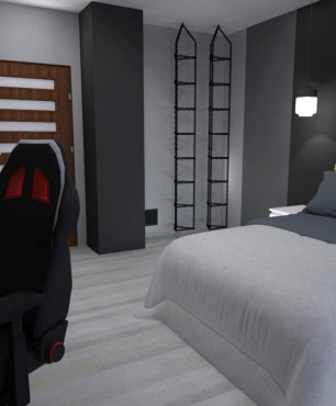 Duży pokój nastolatka z łóżkiem, biurkiem i fotelem gamingowym